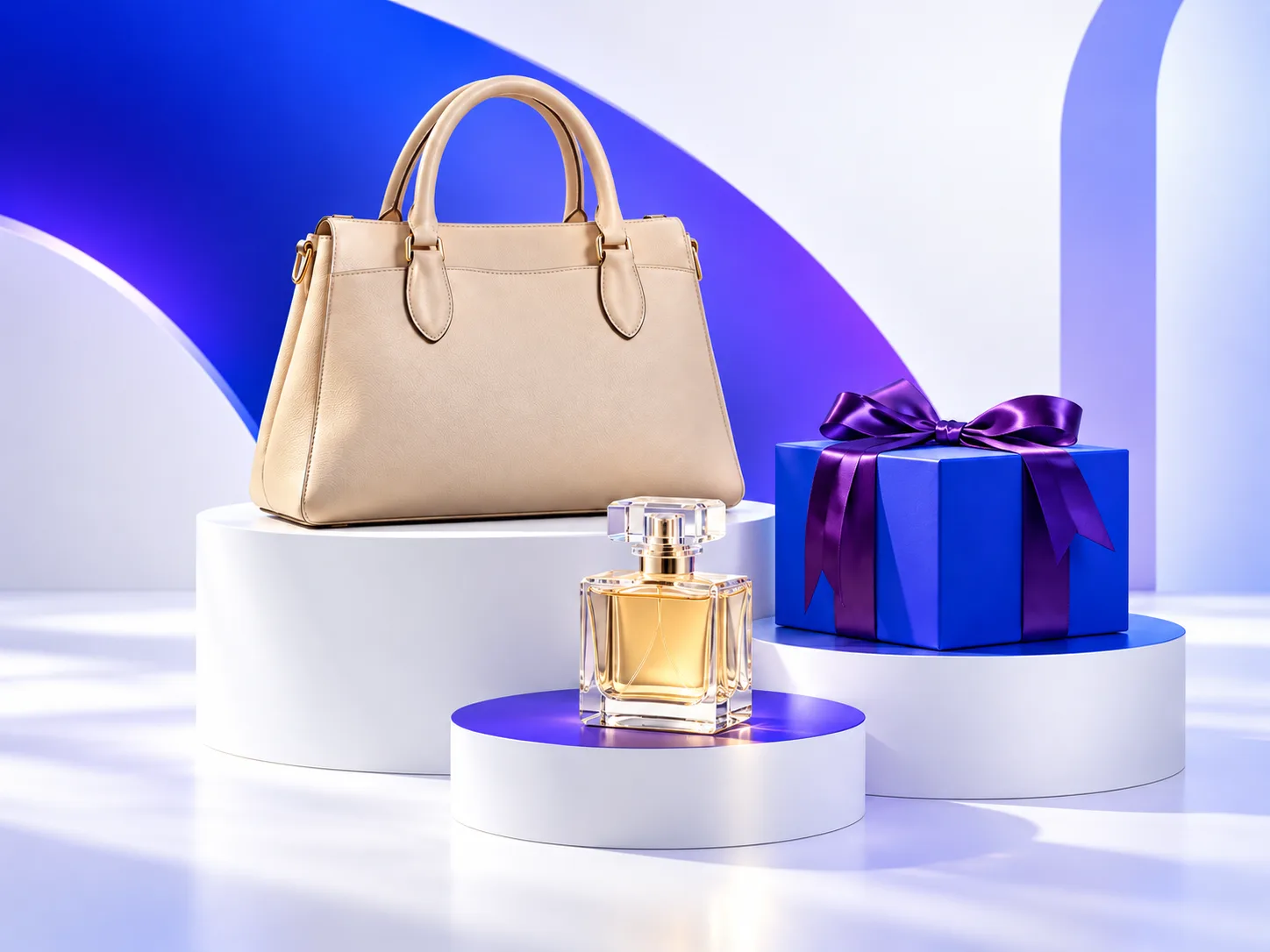 Bolso, perfume y caja de regalo presentados sobre pedestales para una campaña