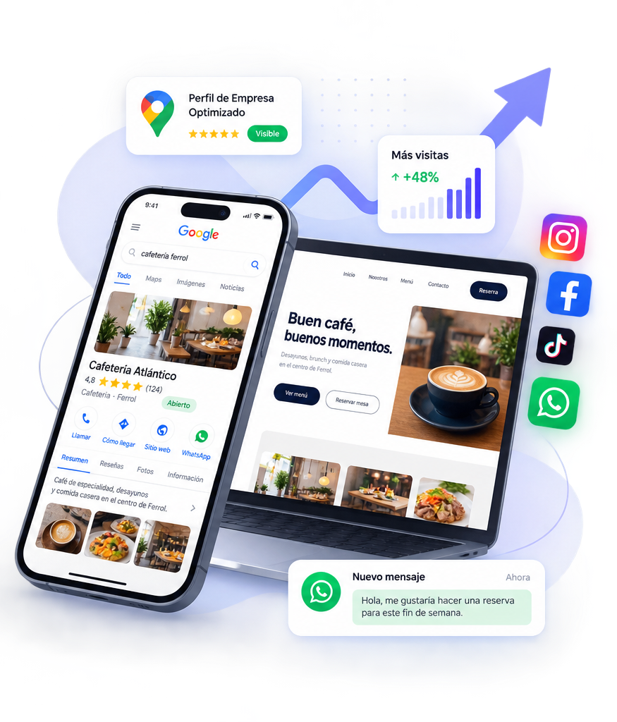 Perfil de empresa en Google, página web, redes sociales y WhatsApp de un negocio local